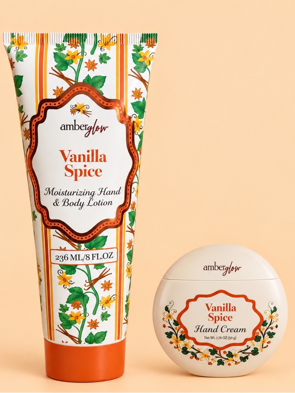 AmberGlow Vanilla Spice Moisturizing Hand & Body Lotion and Hand Cream Set